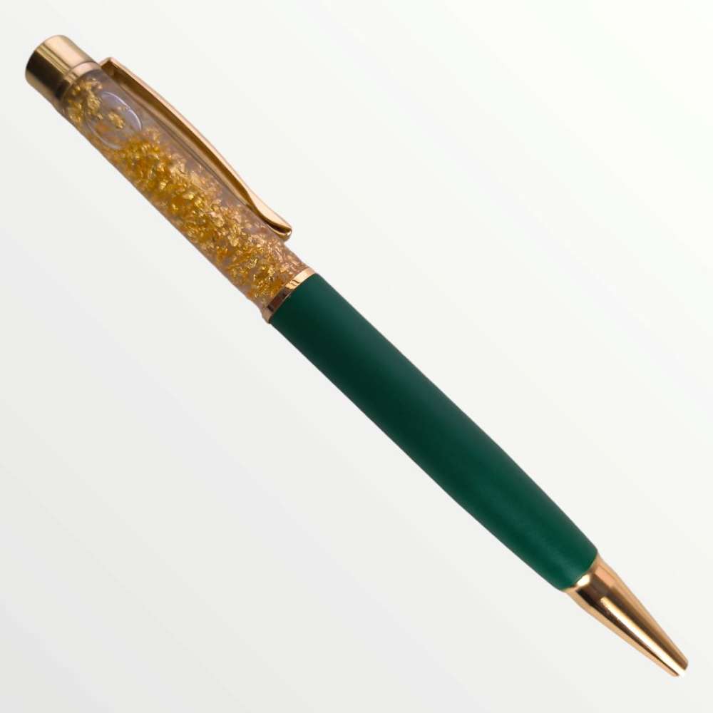(PEN-027) Gold Flake Zari Metal Pen - OLIVE