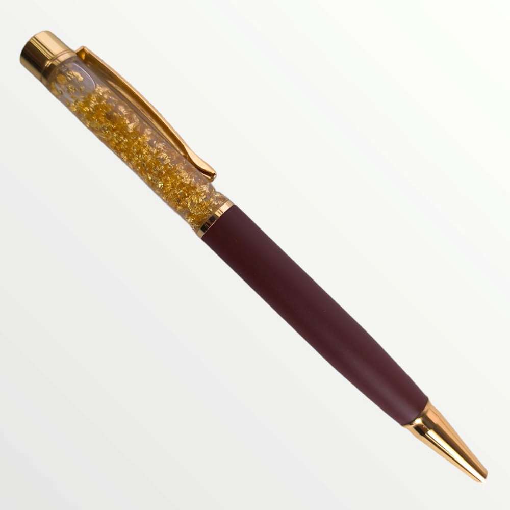 (PEN-028) Gold Flake Zari Metal Pen - BROWN